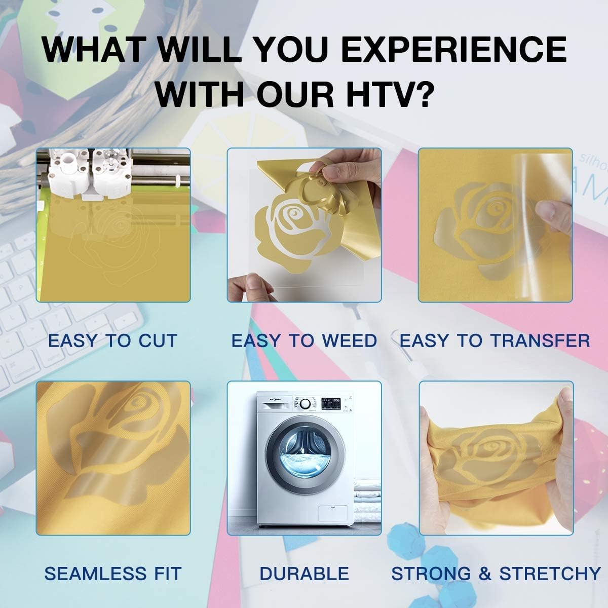 HTVRONT Heat Tranfer Vinyl Roll - 12” x 80ft Gold HTV Vinyl for T Shirts, Iron on Vinyl Compatible with Cricut Cutting Machine - Easy to Use for Personalized Gifts (Gold)