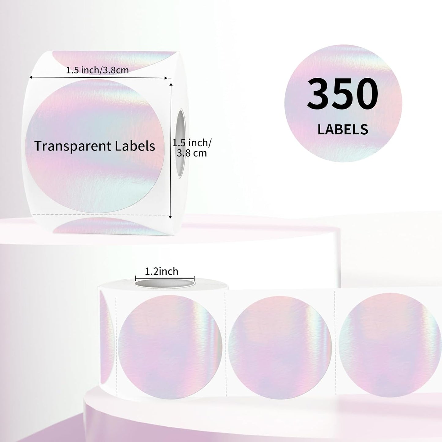 Transparent Thermal Labels Stickers 1.5 Inch, Clear Waterproof Direct Thermal Labels Stickers Self-Adhesive, Perforation Line Design (350 Pcs, Holographic Pink)
