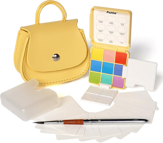 Funto Pocket Watercolor Set, Travel Color Kit, with 9 Colors, Leather Bag, Paint Water Cup, Foldable Palettes, and Mini Watercolor Papers, Set for Art