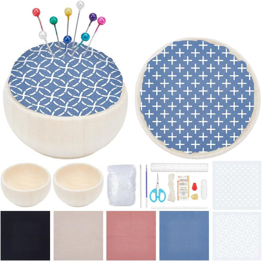 ACRNIGHEET 4 Set Sashiko Pin Cushion Bowls Making Kits, Embroidery Pin Cushion for Sewing, Sewing Pins Cushion, Wooden Base Japanese Traditional Style Sewing Needle Holder, DIY Crafts Home Use