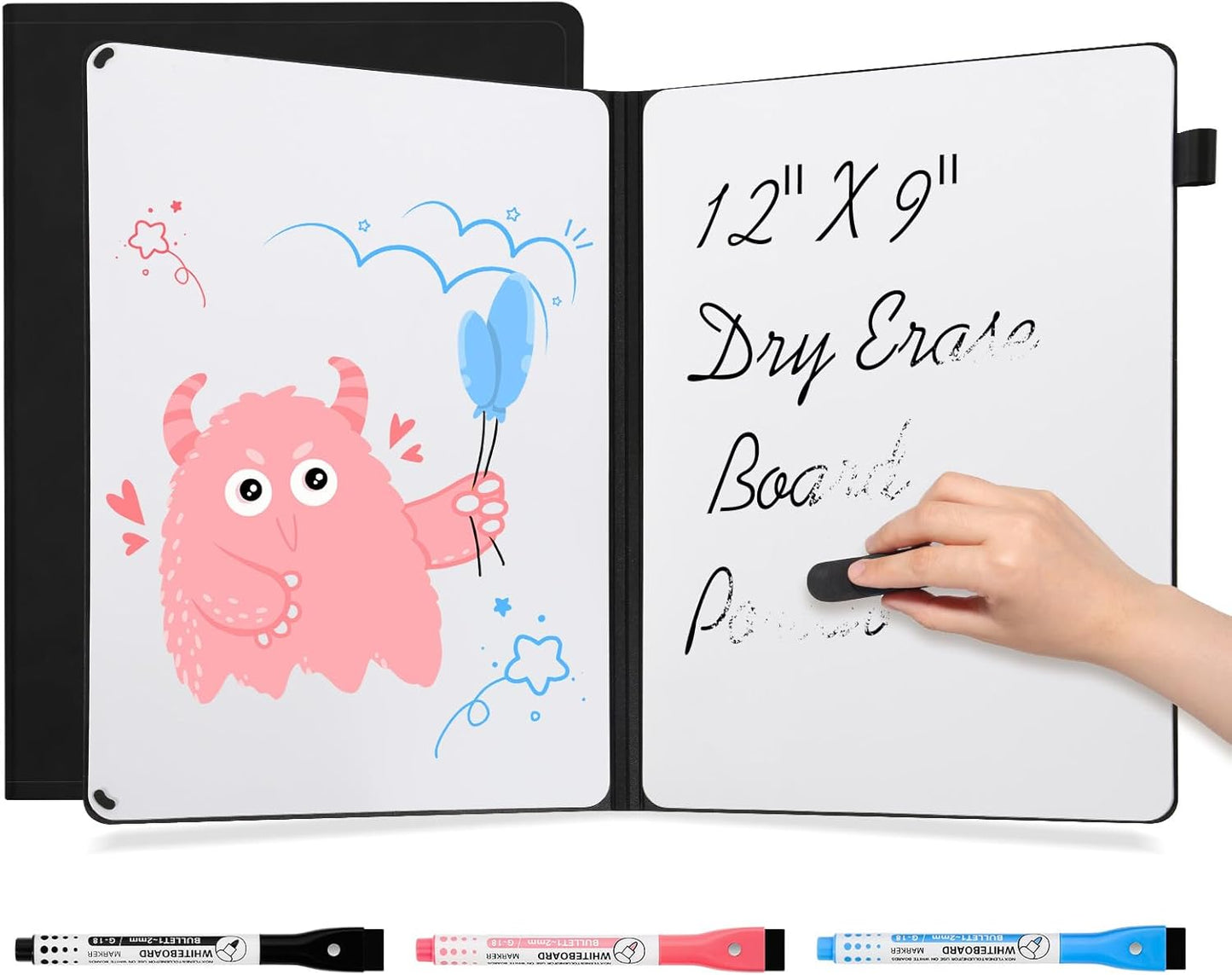 AGM Portable White Board Dry Erase Notebook, 12" x 9" Double Sided Folding Whiteboards with 3 Pens, Small Travel Dry Erase Board Skin-Friendly Material for Study, Meeting, Planning, Dark