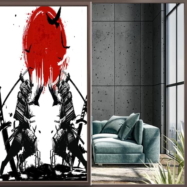 Japanese Samurai Stained Glass Film Watercolor Ink Samurai Sword Red Sun Printwindow Tinting Film for Home,Window Film Stained Glass 23.6Wx47.2L-Inch X1Pcs