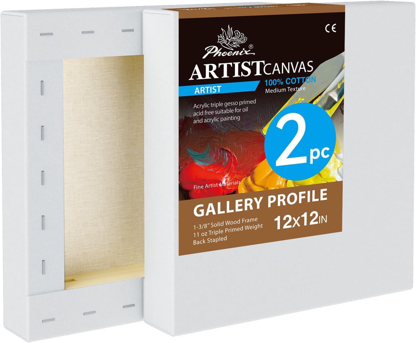PHOENIX 12x12 Inch 2 Pack Gallery Canvas - 1.5 in Thick Square Canvases for Painting - Deep Edge 100% Cotton 11 Oz. Gesso Primed White Blank Professional Canvas Oil & Acrylic Paints