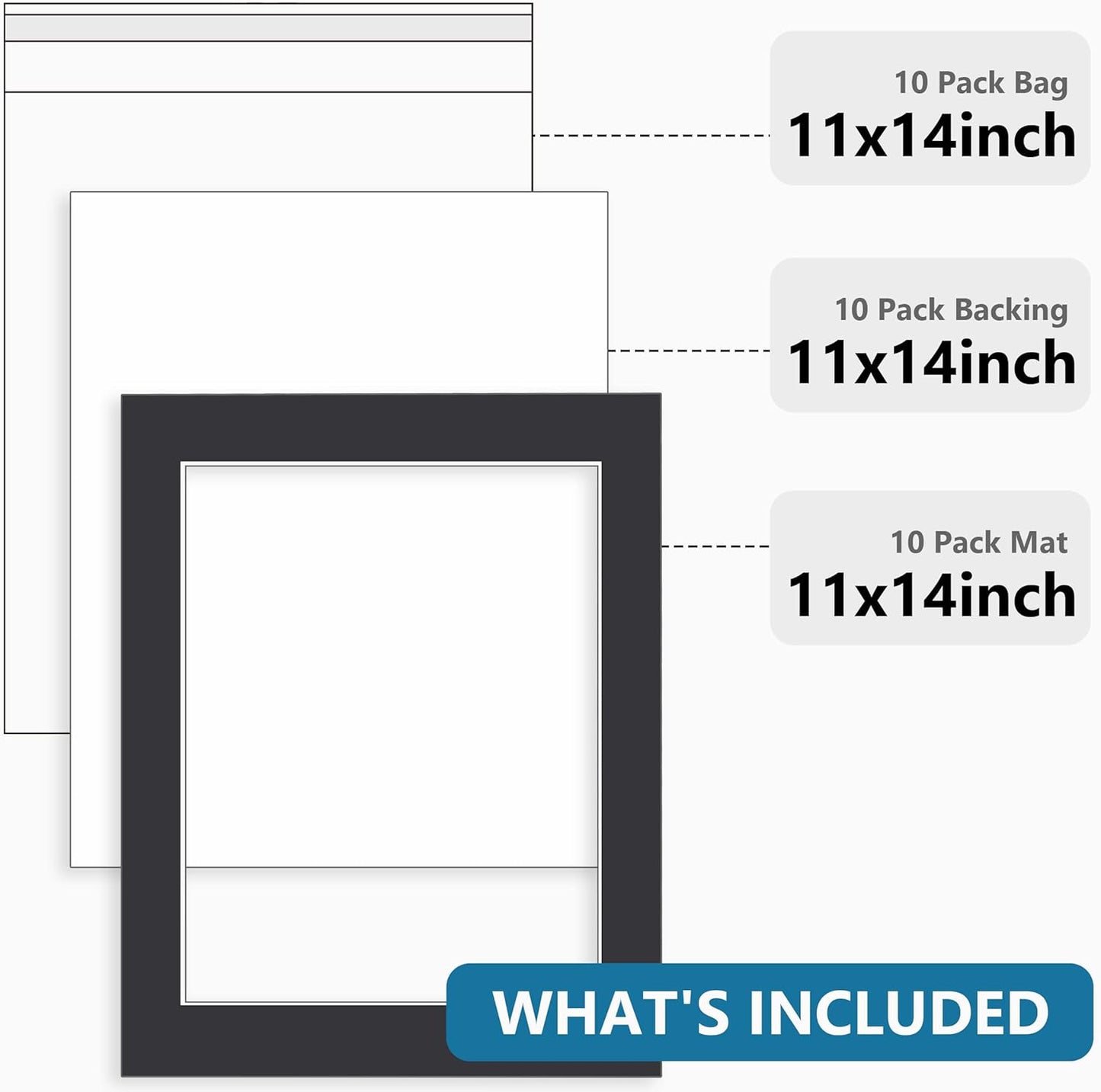 Somime 10 Pack Black Picture Frame 11x14 Mat Board,White Core Bevel Cut Mats 8.5x11, Whole Frame Mat Kit Includes 10 Picture Photo Mattes & 10 Backings & 10 Krystal Sleeve Bags