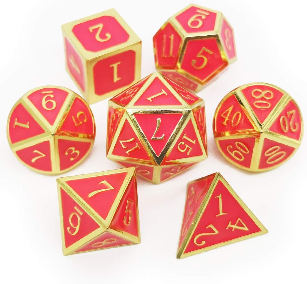 Haxtec Glow in The Dark Metal DND Dice Set Gold Pink D&D Dice Compatible with Dungeons and Dragons-Gold Glowing Red/Cream Pink