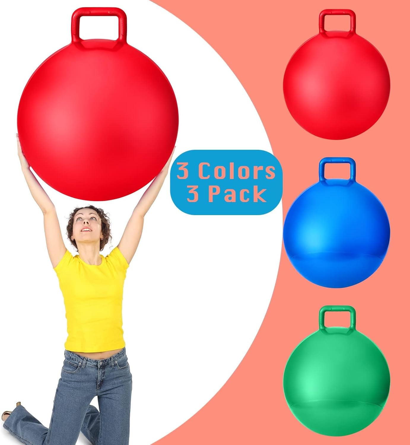 Lewtemi 3 Pcs 15 Inch Bouncing Ball with Handle, Outdoors Hopper Jumping Hopping Ball and Air Pump for Sports Exercise (Red, Blue, Green)