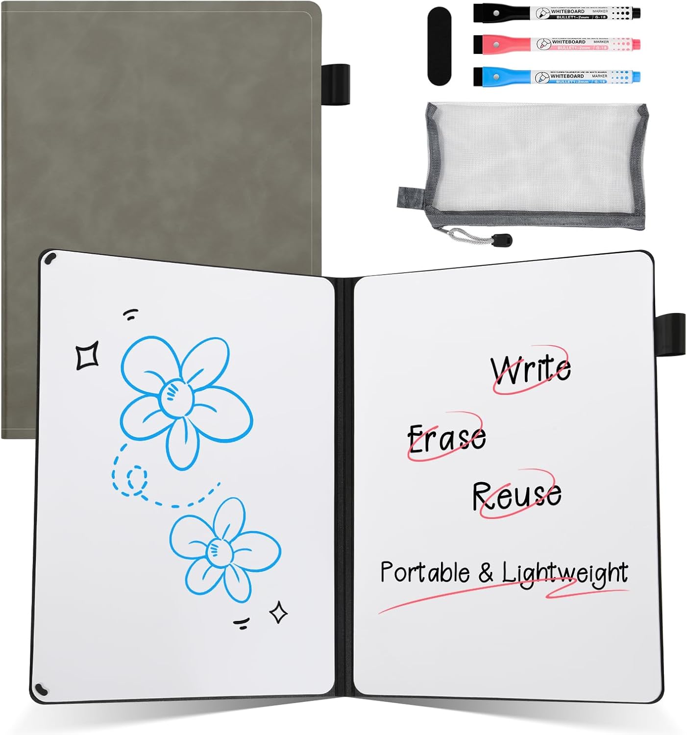 AGM Portable White Board Dry Erase Notebook, 8.4" x 6" Double Sided Folding Whiteboards with 3 Pens, Small Travel Dry Erase Board Skin-Friendly Material for Study, Meeting, Planning, Grey