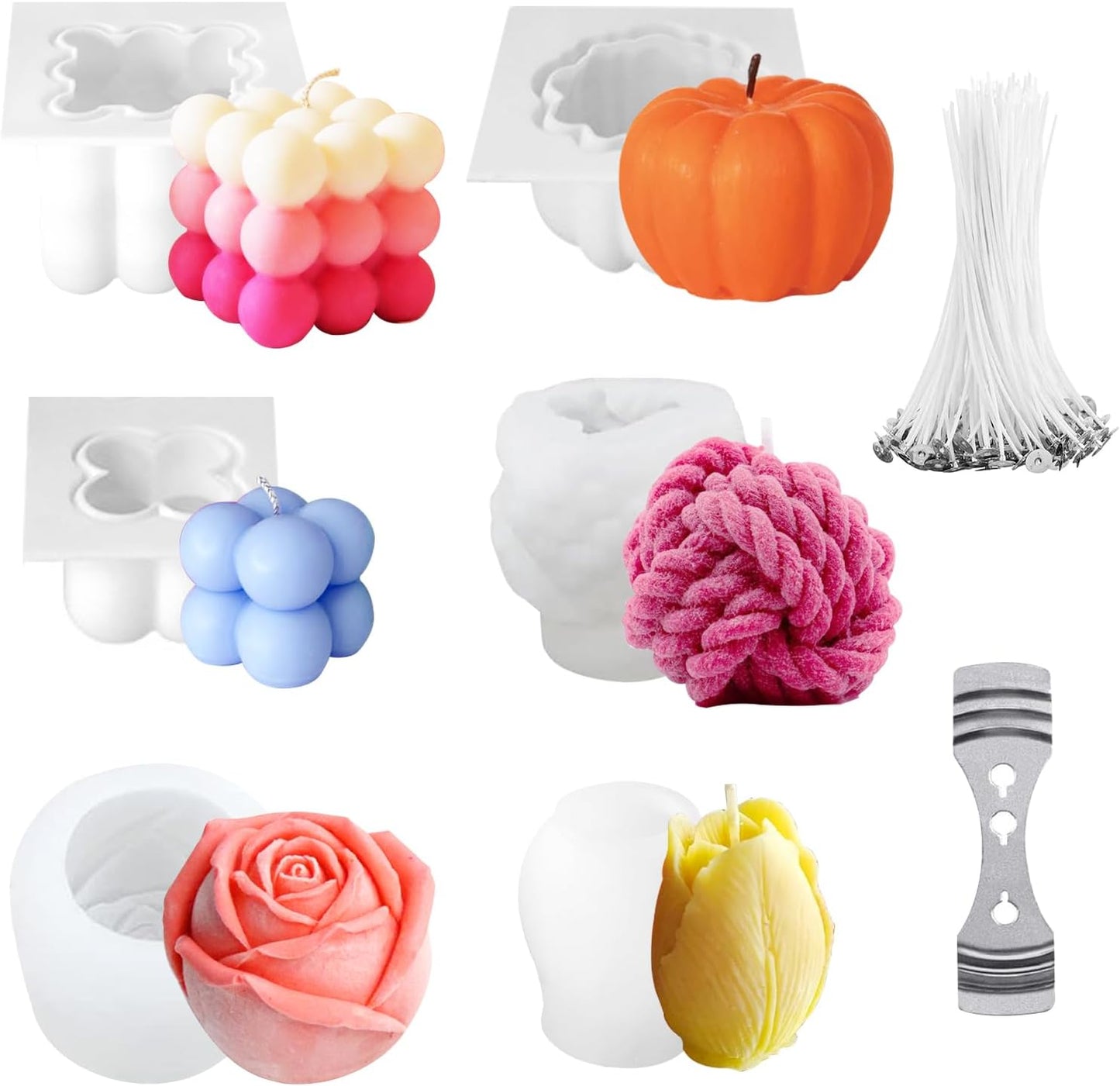 JDH 6Pcs Silicone Candle Molds Set for Candle Making,Yarn Ball Bubble Candle Molds, 3D Rose Silicone Mold,Cake Mold for Baking Desser Soap Casting Home Decor,for Soy Wax, Soap, DIY Scented Candle