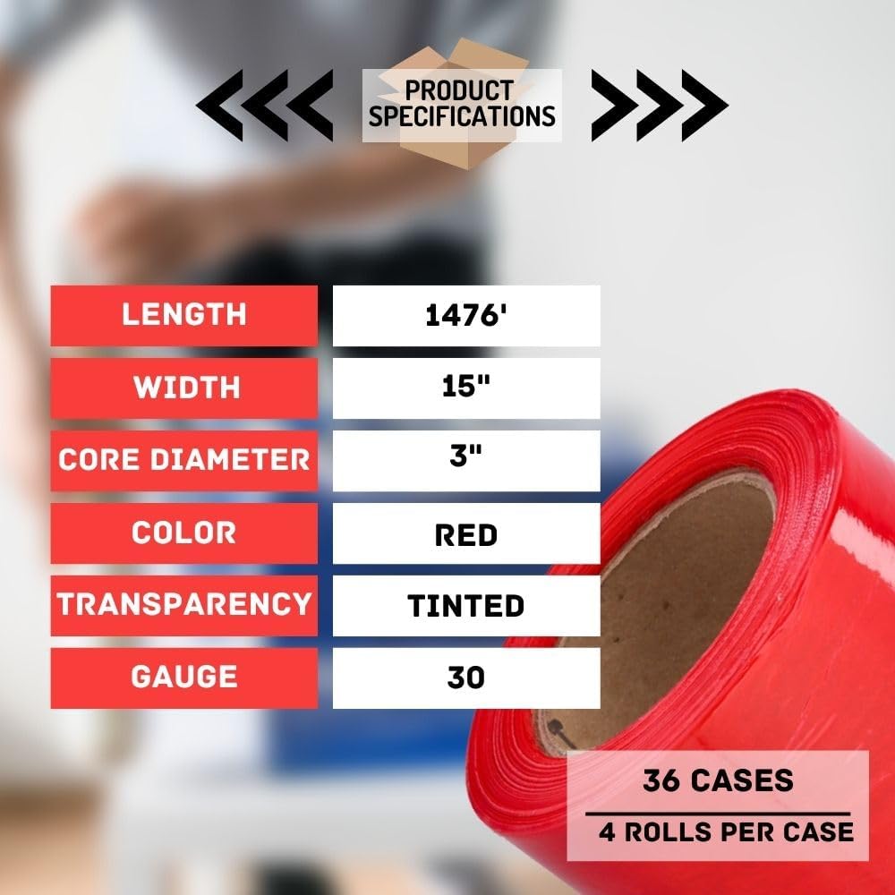 PSBM Red Stretch Wrap, 15 Inch x 1476 Feet, 144 Pack, Tinted Pre-Stretched Shrink Wrap Film for Moving, Packaging, Pallet Wrapping