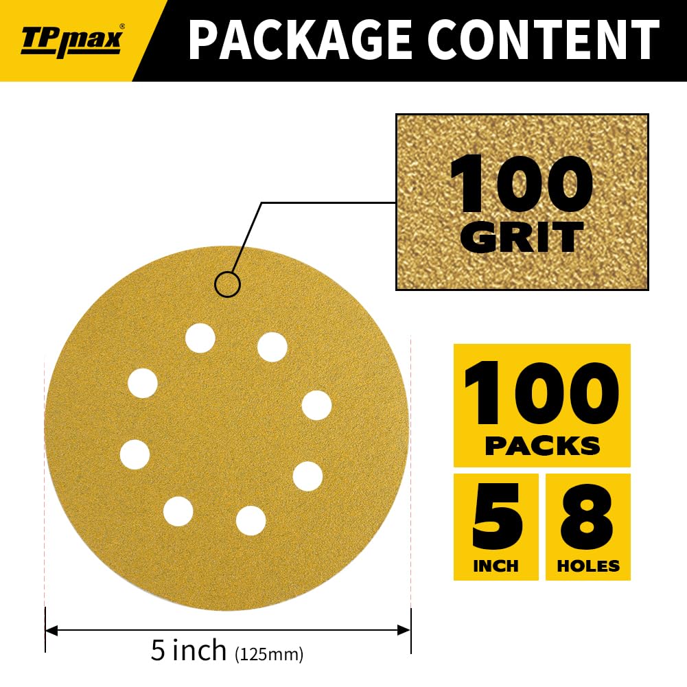 100PCS 5 Inch 100 Grit 125mm 8 Hole Sanding Discs Sandpaper - Premium Gold Round Hook and Loop for Random Orbital Sander - Ideal for Wood, Metal, Automotive