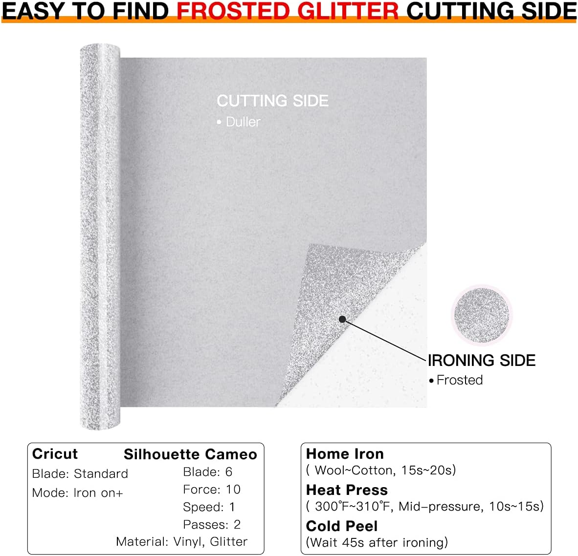 HTVRONT Silver Glitter HTV Heat Transfer Vinyl Rolls - 10" x 8ft Silver Glitter HTV Vinyl for Shirts, Glitter Iron on Vinyl for All Cutter Machine - Easy to Cut & Weed for Heat Vinyl Design (Silver)