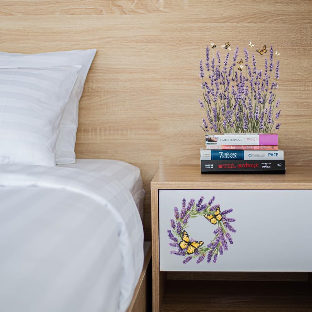 GLOBLELAND 4 Sheets Lavender Furniture Transfer 6x12inch Butterfly and Bee Rub on Transfer Sticker UV Self-Adhesive Wall Art Craft for Bedroom Living Room Desk Table Decoration