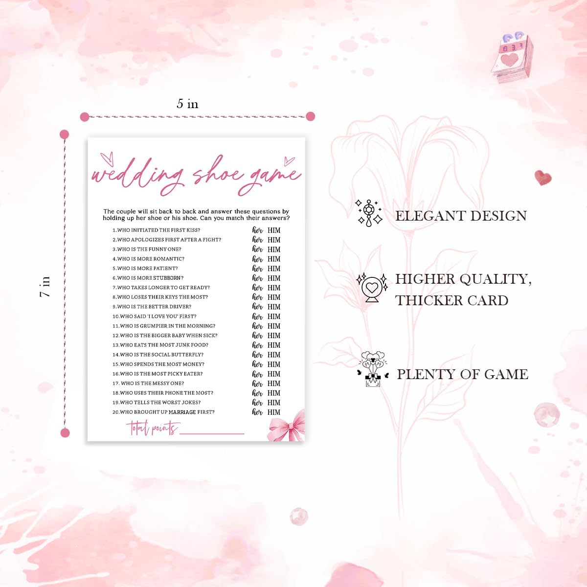 Wedding Shower Games Cards, Wedding Shoe Game, Bridal Shower Games 25 Guests, Engagement Party Wedding Games for Guests, Pink Ribbon Bow Wedding Party Supplies - E04