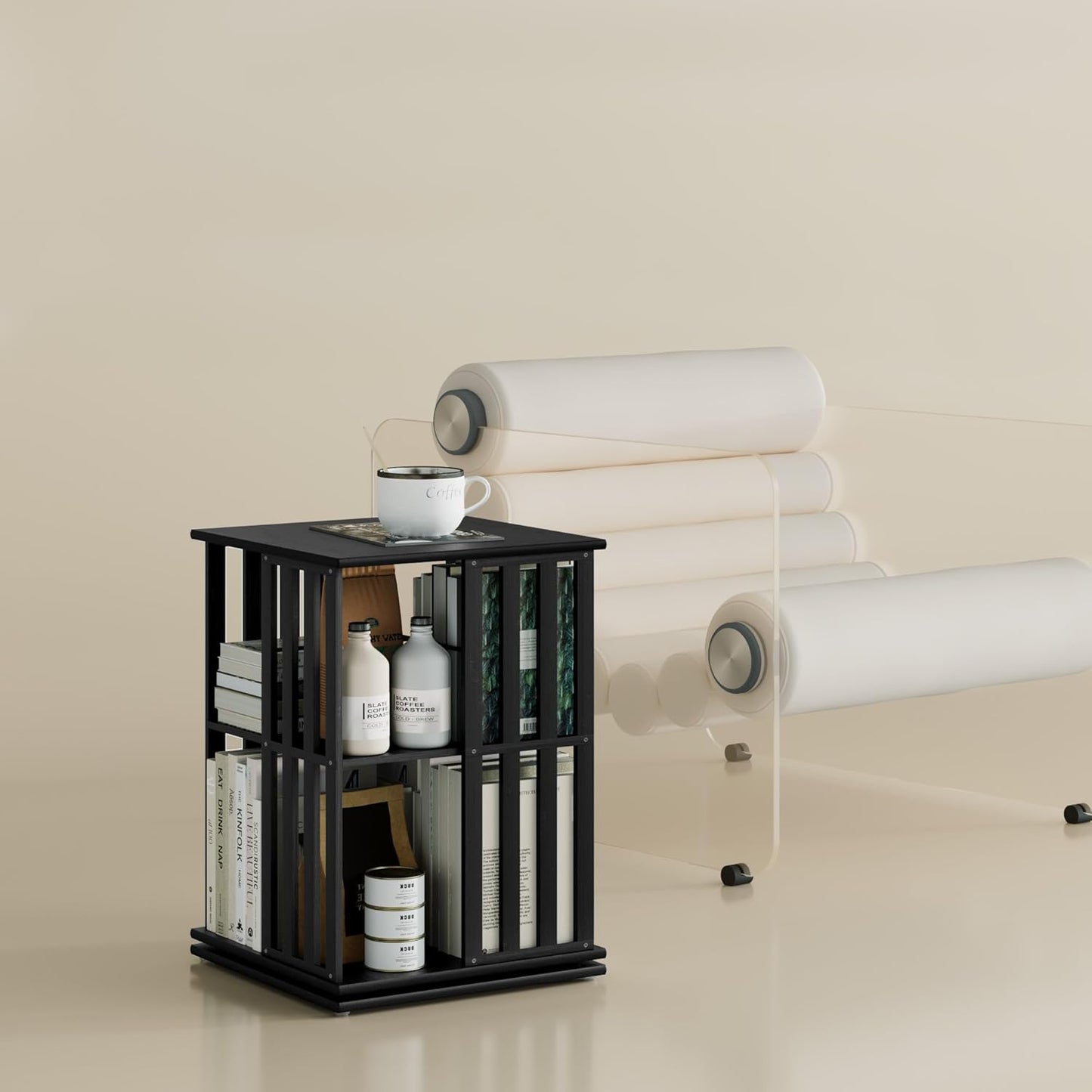 YOWOS Rotating Bookshelf Tower, 360 Display Spinning Bookcase, Bamboo Bookshelf Floor Standing Storage Rack, Wood Narrow Book Shelf Organizer for Kids&Adults (Black, 2 Tier)