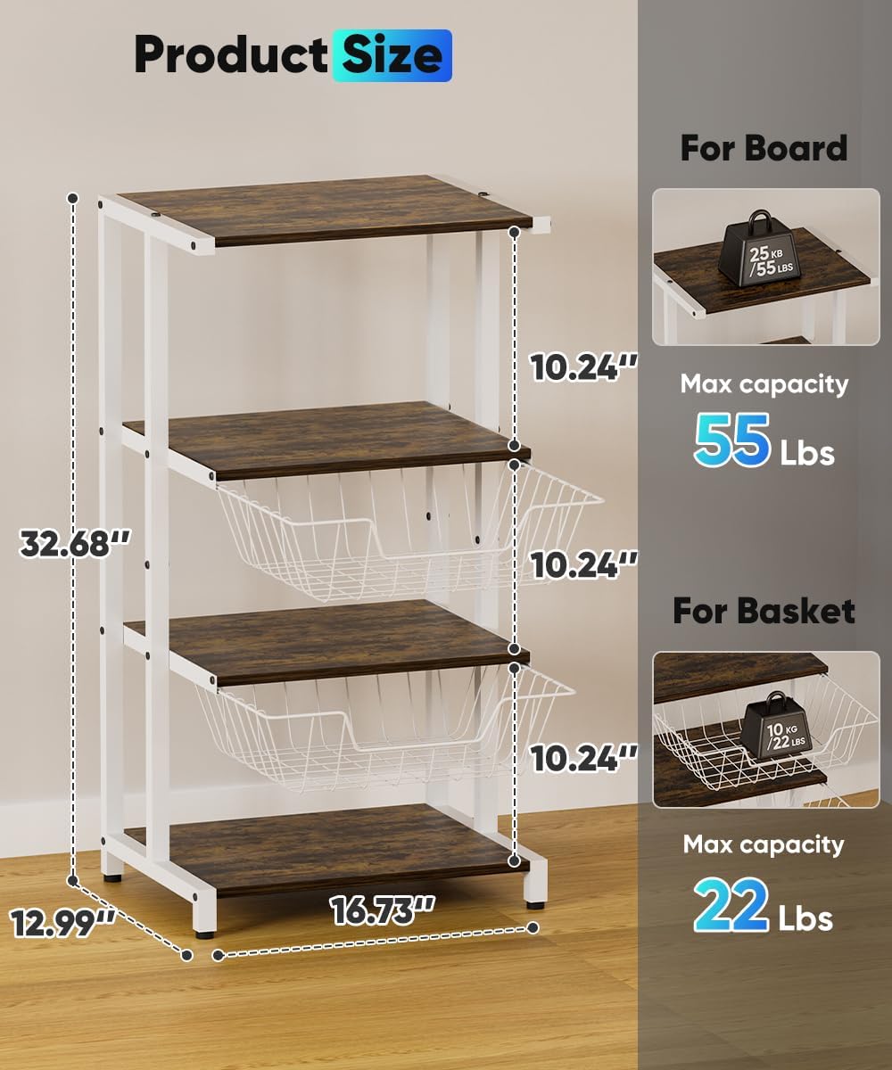 Media Stand with Two Detachable Baskets, 4-Tier AV Media Stand Corner Shelf for DVD Players/Cable Boxes/Games Consoles, Audio Storage Rack for Living Room, Gaming Room, Music Studio, White