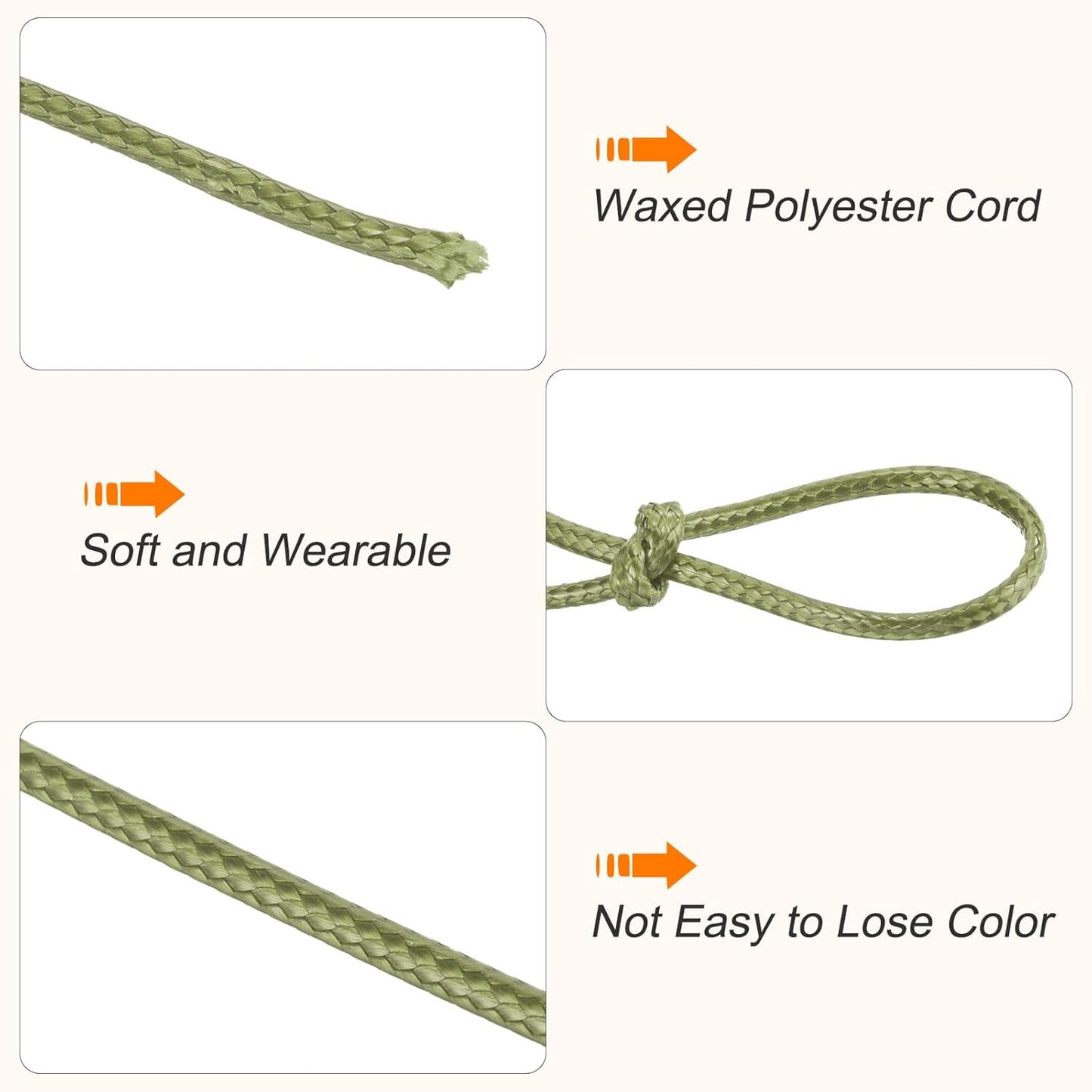 MECCANIXITY Waxed Cord 2mm Waxed Polyester Cord 98 Yard Wax String for Bracelet Making, Necklaces, Beading, Jewelry Making and DIY Crafts(Army Green)