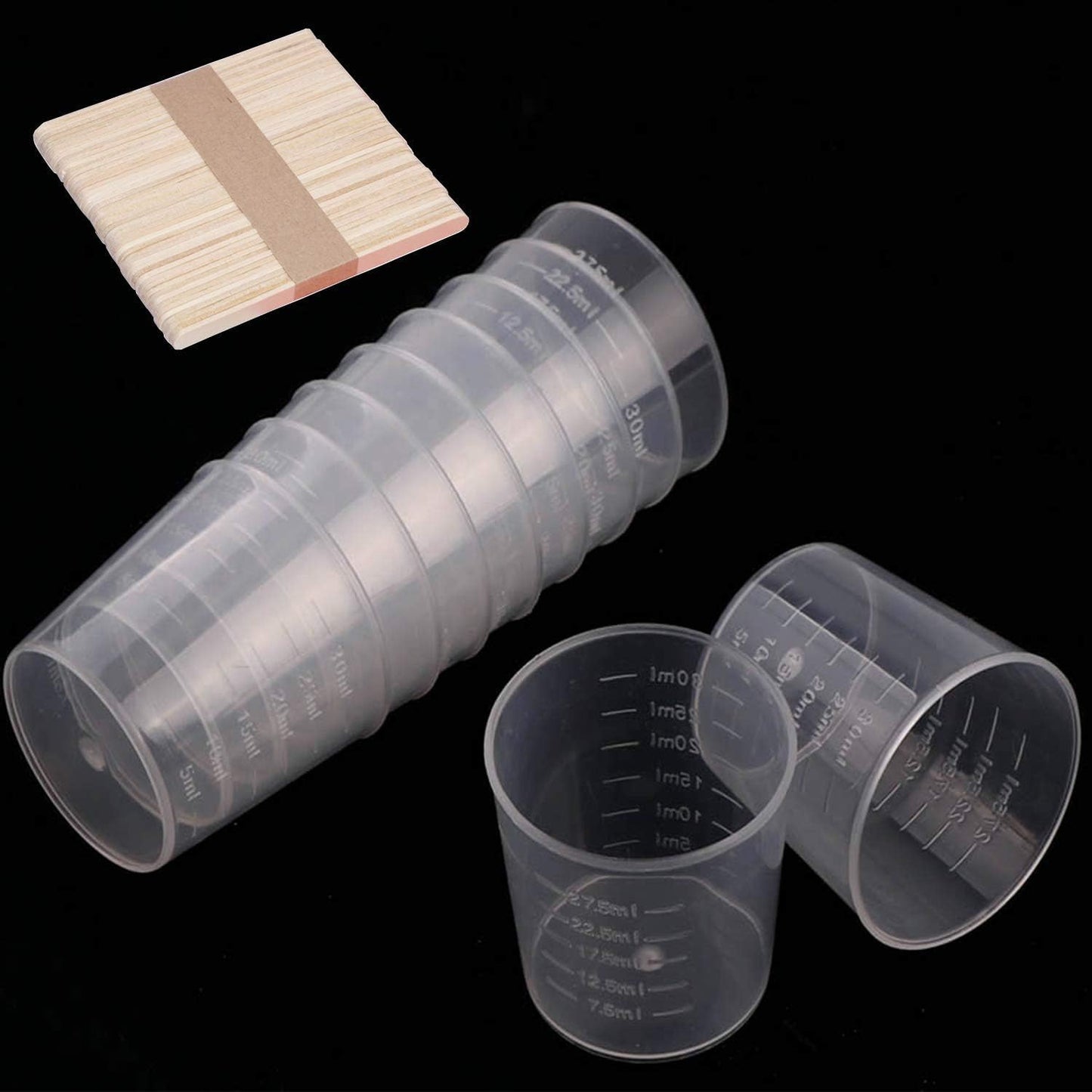 200 Pack 1oz/30ml Plastic Graduated Cups Transparent Scale Cups with 200 Pack Wooden Stirring Sticks for Mixing Paint, Stain, Epoxy, Resin