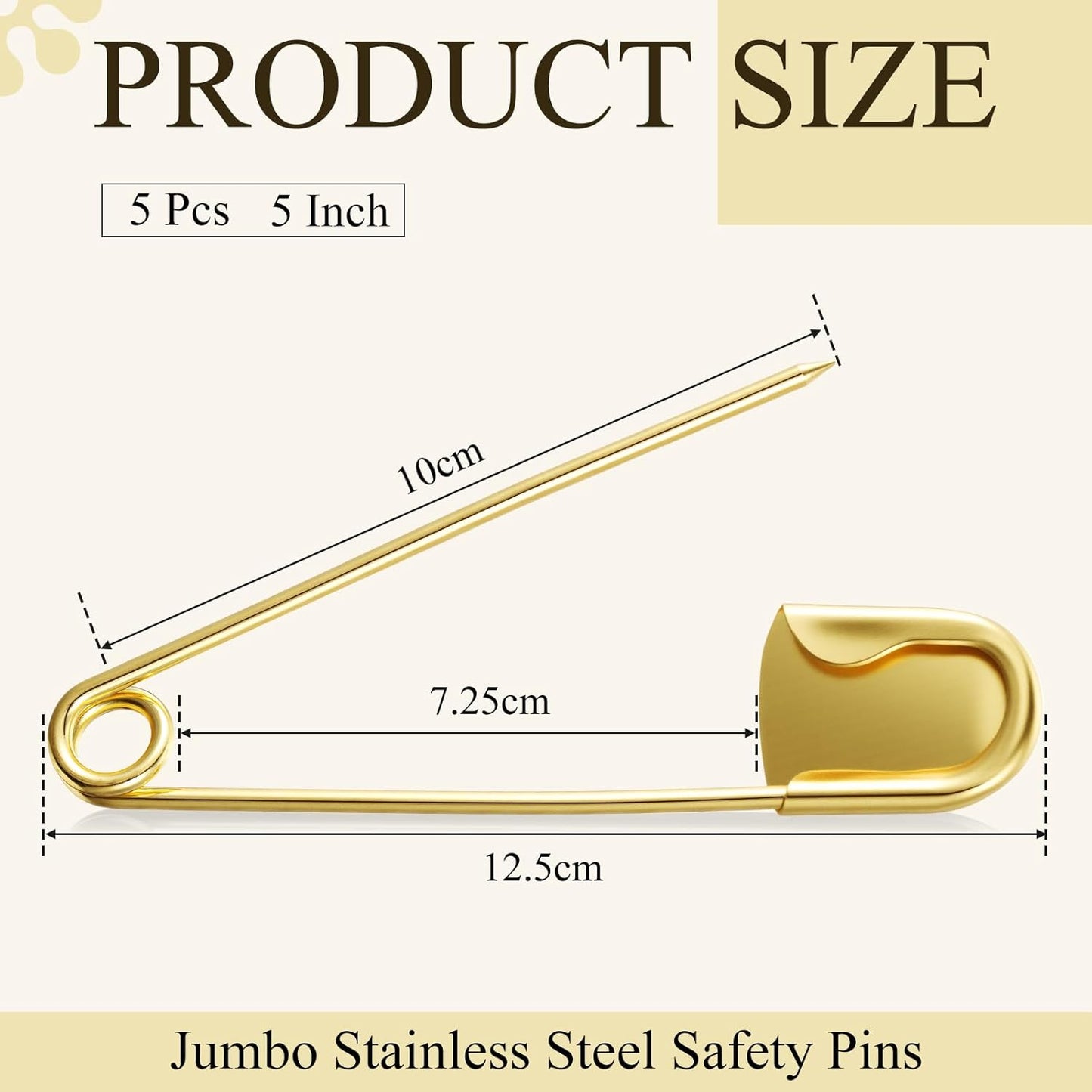 Juexica 5 Pcs 5 Inch Jumbo Stainless Steel Safety Pins Large Heavy Duty Huge Strong Laundry Pins for Upholstery Sewing Quilting Key Rings Craft Outdoor (Gold)