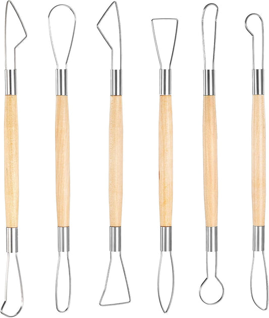 6Pcs Clay Sculpting Tools Ceramic Pottery Clay Ribbon Sculpting Tools Wooden Handle Sculpting Tools Kit Pottery Trimming Detail Tool Wire Loop Sculpture Set for Wax Carving Modeling