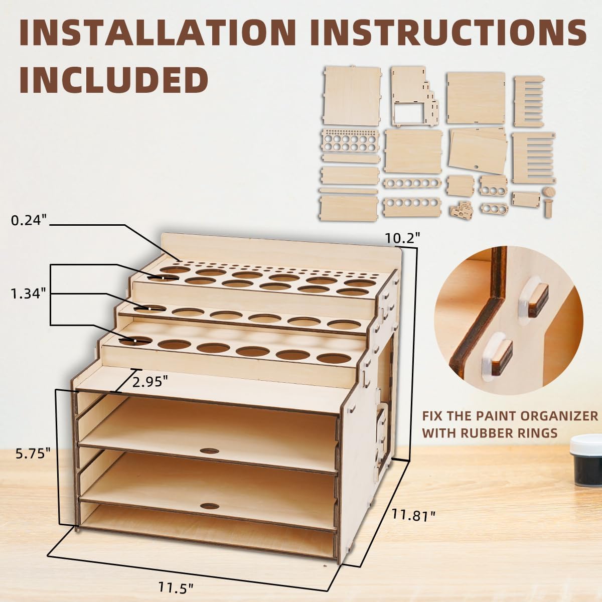 Model Paint Holder with Adjustable Storage, Wooden Miniature Model Paints Organizer for 36 Paint Holes and 36 Holes of Painting Brushes wtih Model Pieces Shelf