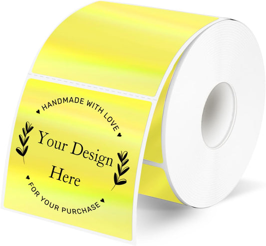 Square Thermal Labels Stickers 2" x 2", Holographic Thermal Stickers Labels, Self-Adhesive Glitter Direct Thermal Label for Small Business, DIY Design- Holographic Yellow