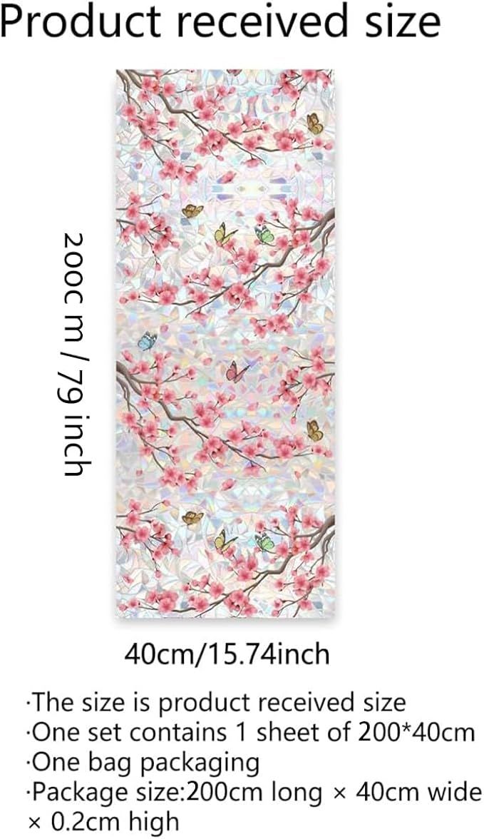 Runtoo Window Privacy Film Rainbow Cherry Blossom Flower Window Clings 3D Decorative Vinyl Stained Glass Butterfly Floral Decals Static Sticker Non-Adhesive, 15.75 x 79 inches