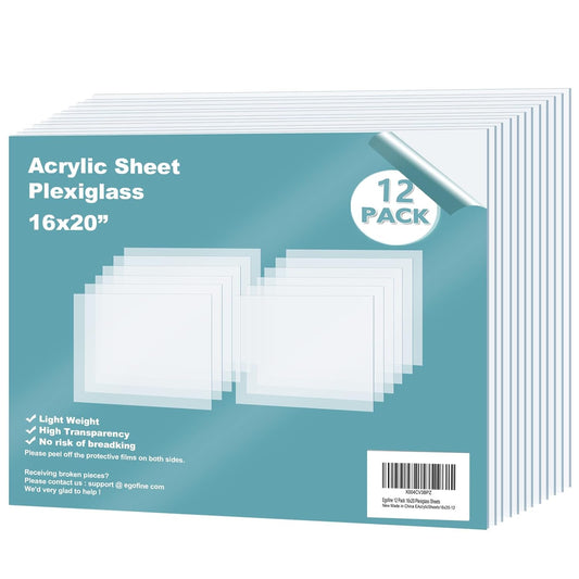 Egofine Plexiglass Sheets Acrylic Sheets 12 Pack of 16x20’’ 0.04 Thick Clear Plastic Cast Transparent Plexi Glass for Crafting Projects, Replacement Picture Frame Glass, DIY Display, Easy to Cut