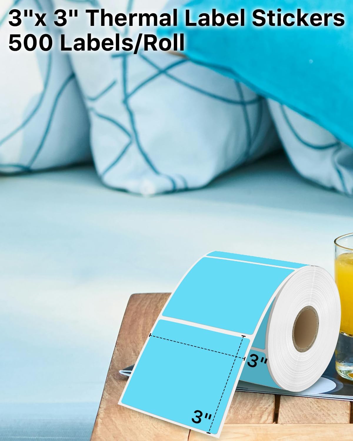 iEager Blue Square Thermal Label Stickers, 3" x 3" Self-Adhesive Square Direct Thermal Labels with Perforation Line, 500 Sheets/Roll