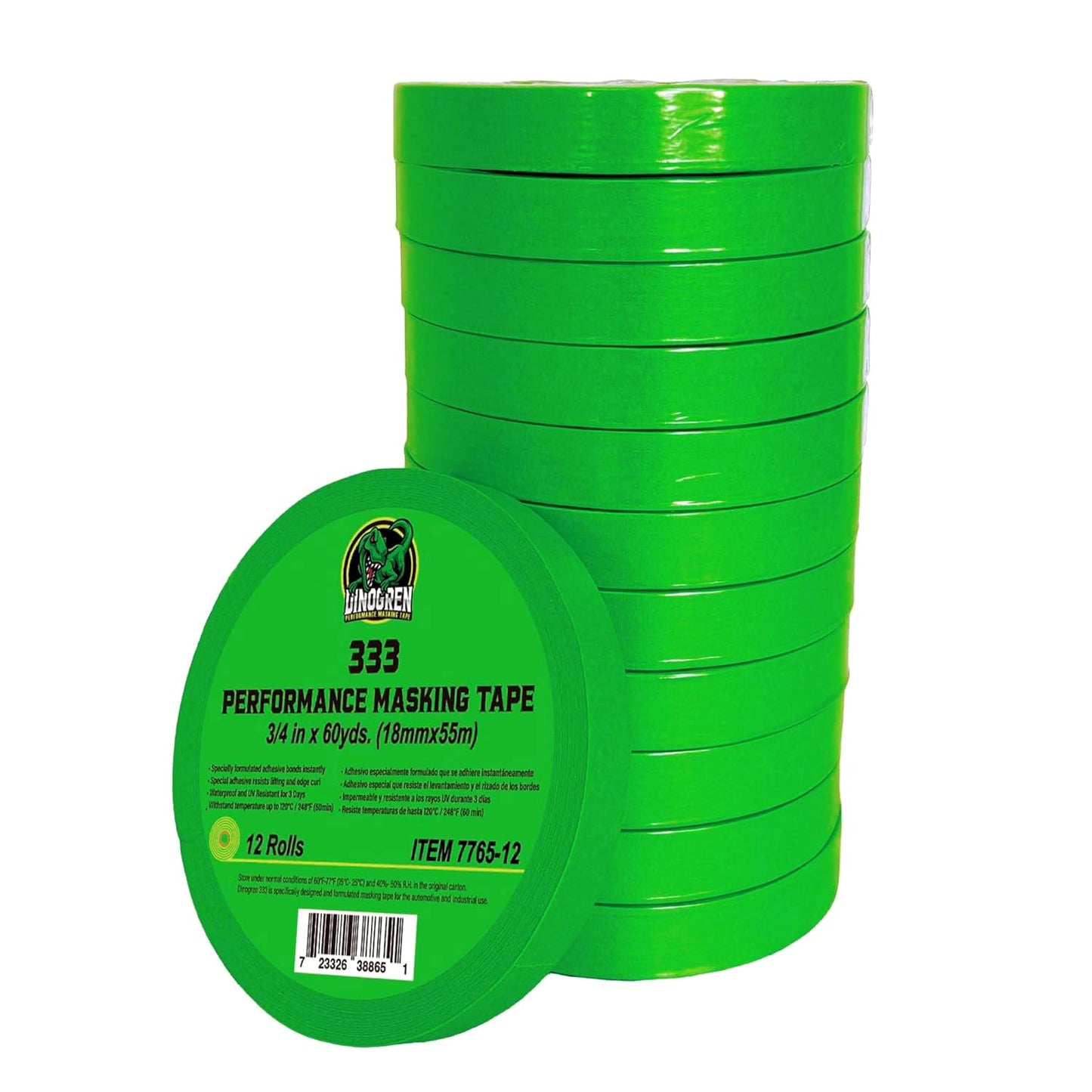 LAUCO DINOGREN High Performance Automotive Masking Tape (0.75 in x 60 yd, 12 Rolls) – Green Crepe Tape for Car Paint, Heat & Water Resistant, Body Shop Use, Clean Removal, Multi-Surface Application
