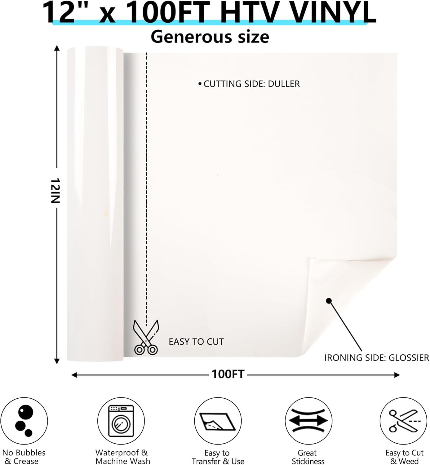 Guangyintong White HTV Heat Transfer Vinyl Rolls, 12" X 100ft Iron on Vinyl PVC Adhesive for T-Shirt, Easy to Cut & Weed for DIY Design