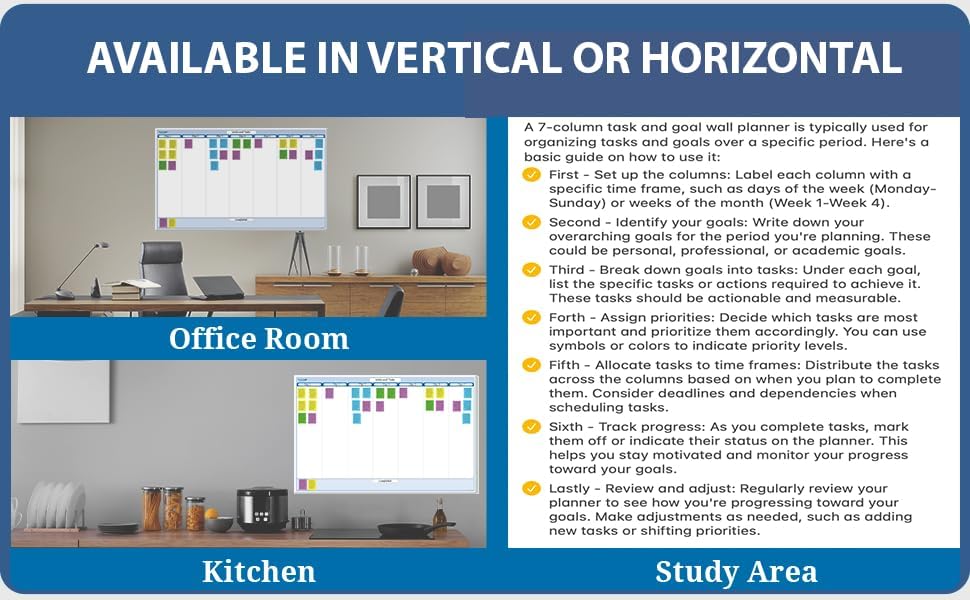 Sky Blue 7-Column Task, Goals & Objective Wall Horizontal Organizer 36" x 56". Complete with Marker