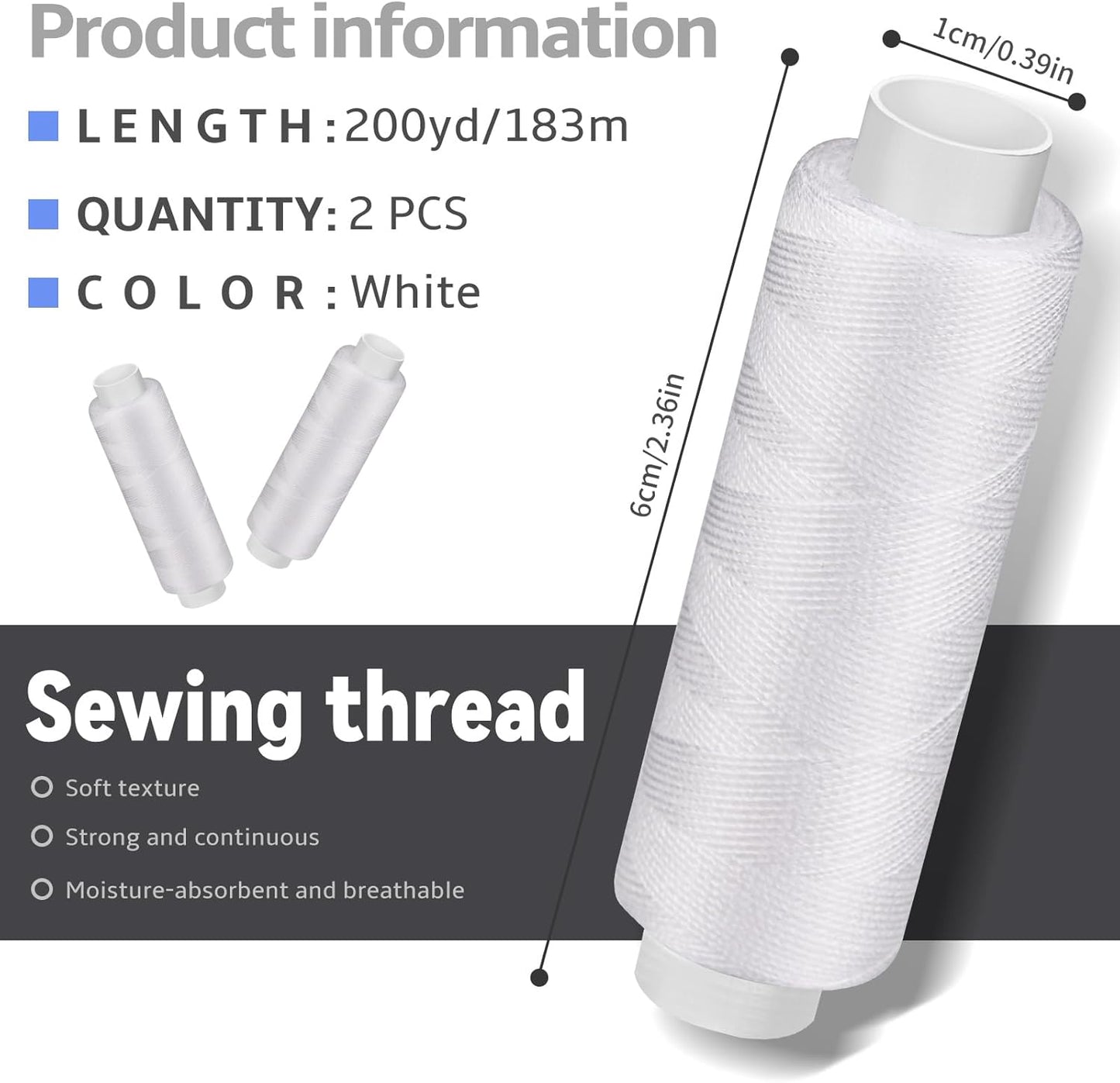 Bupete 2 Rolls White Thread for Sewing, 200 Yards Each Roll Sewing Thread, Polyester Threads for Sewing Machine Embroidery Hand Stitching