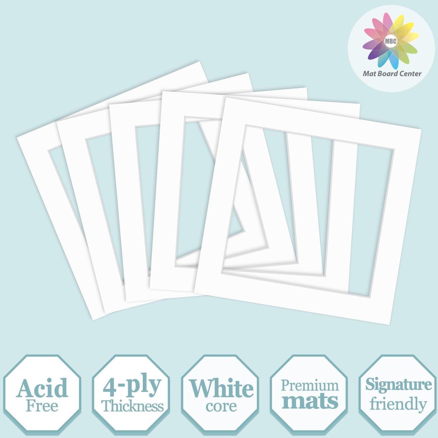 MBC Mat Board Center, 5 Pack 10x10 for 8x8 White Picture Mats Frame Mattes, Bevel Cut, Acid Free, 4-ply Thickness
