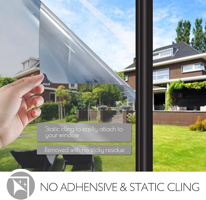 HIDBEA One Way Mirror Window Film Daytime Privacy, Reflective Window Tint for Home, Heat Control UV Blocking, Non-Adhesive Self Static Cling Window Sticker (Silver, 29.5 Inch x 6.5 Feet)