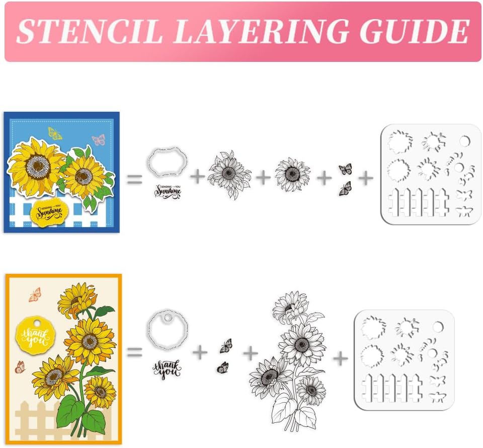 ORIGACH Realistic Sunflower Stamps and Dies and Layering Coloring Stencil Set, Silicone Stamps Metal Die Cut and Flower Stencil Template for Card Making Scrapbooking DIY Crafting