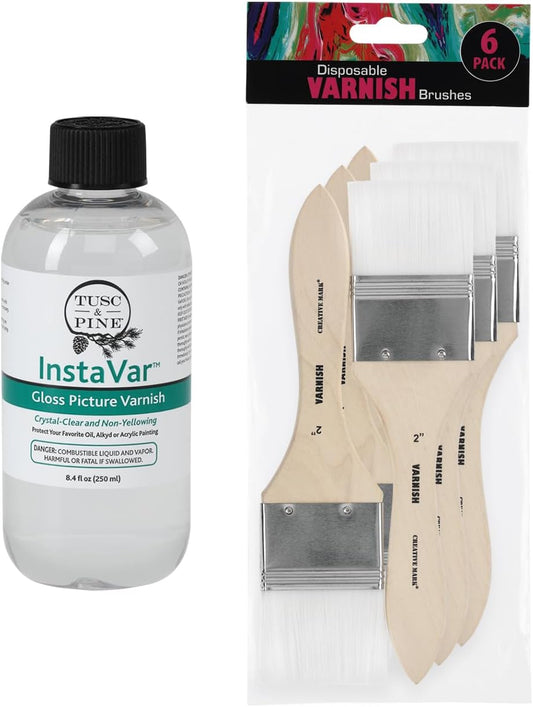 Jerry's Artarama InstaVar™ Gloss Picture Varnish & Varnish Brush Sets - Perfect for Varnish Paintings, Artists, Professionals, Restoration, & More! - 8.4oz Bottle w/ Set of 6 Brushes