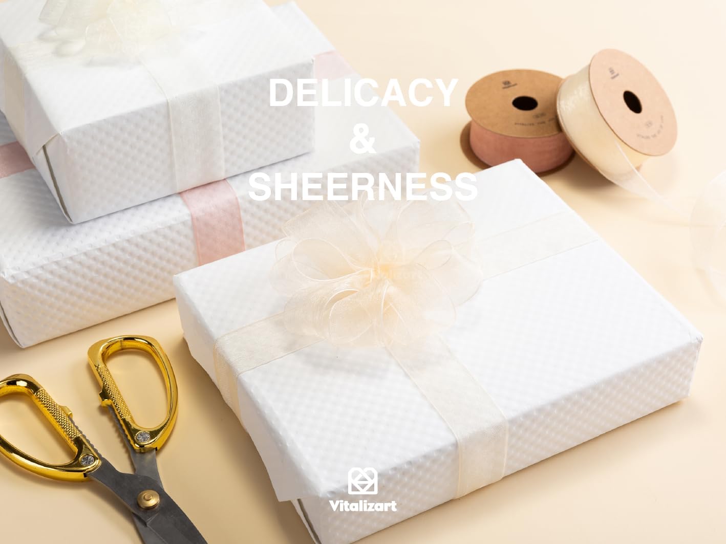 Vitalizart Cream & Rose Gold Organza Sheer Ribbon 1 inch x 30Yd Pink Ribbon Handmade Fabric Ribbons for Gift Wrapping Christmas Tree Crafts Bows Wedding Invitations Wreaths Wrap Peach