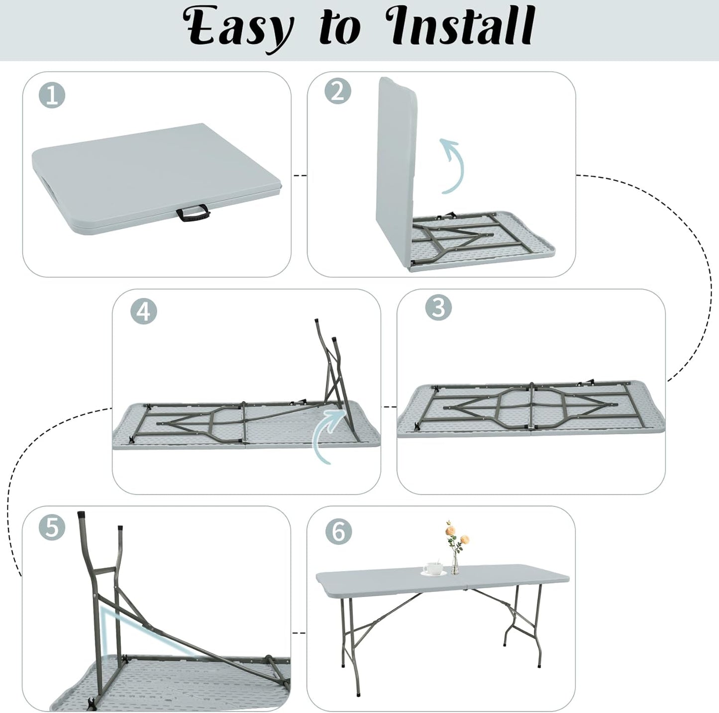 2 Pack 6 FT Folding Tables Grey Foldable Table, Fold-in-Half with Carrying Handle Portable Plastic Rectangular Table for Party, Dining, Wedding, Camping, Picnic, Indoor Outdoor Events