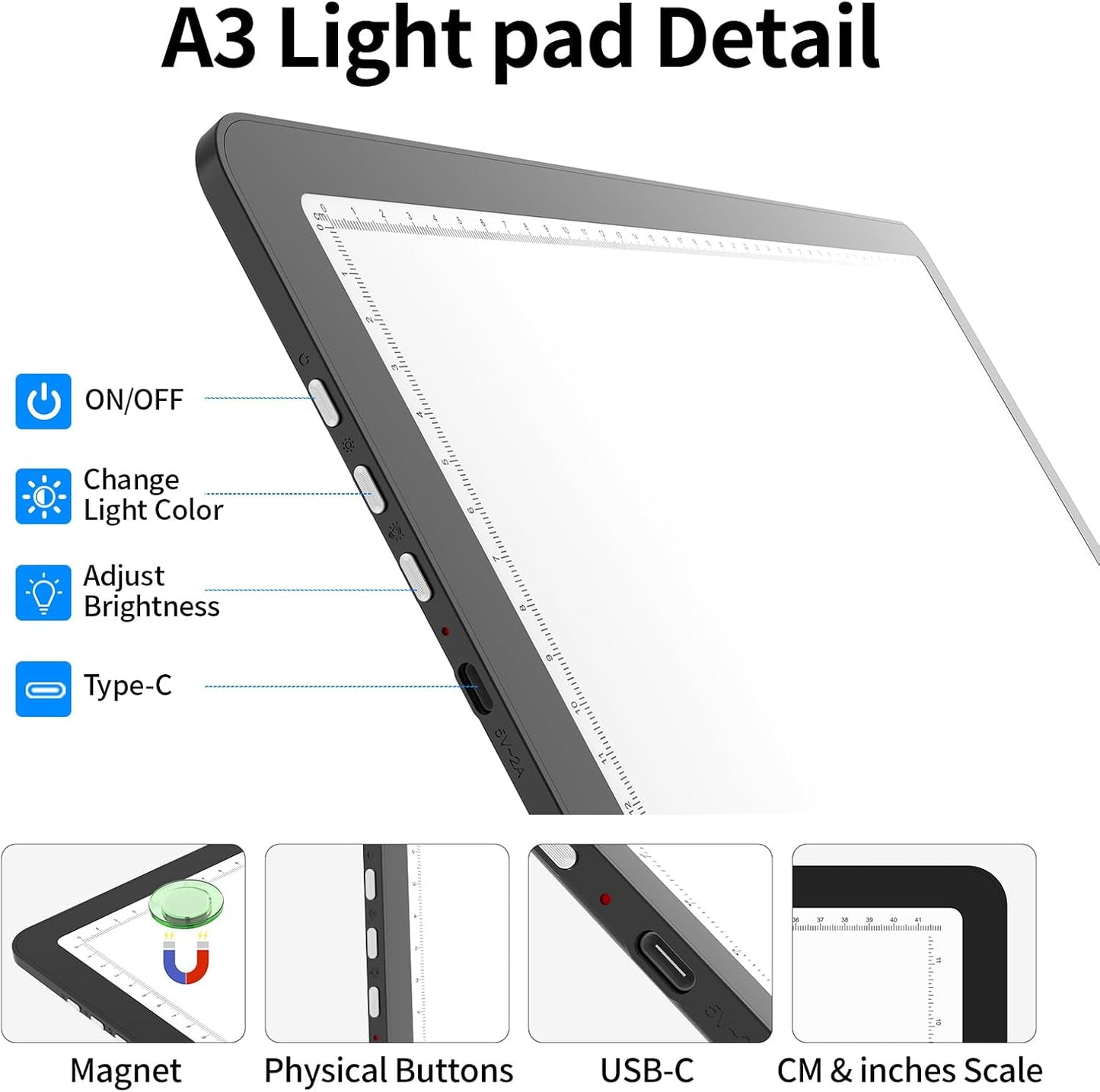 TOHETO A3 Light Board for Diamond Painting, Super Bright Magnetic Light Pad with Side Buttons, Lightbox for Tracing and Drawing, Corded Light Table for Sketching, Animation, Weeding Vinyl (Black)