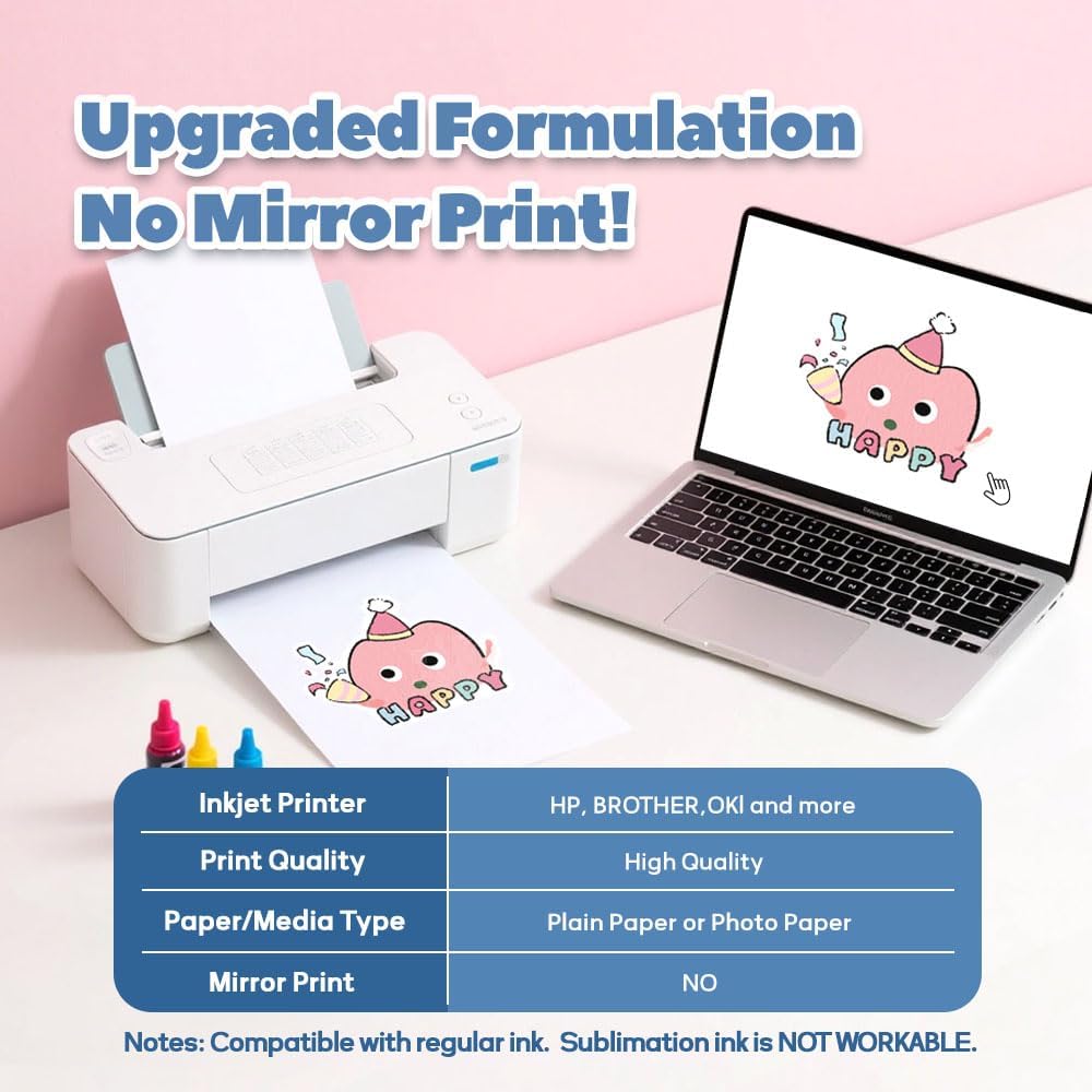 TranSmile PU-Heat Transfer Paper for T Shirts (20 Sheets, 8.5x11'', Light), Iron on Transfers for Light Fabric, Printable Heat Transfer Vinyl for Inkjet Printer