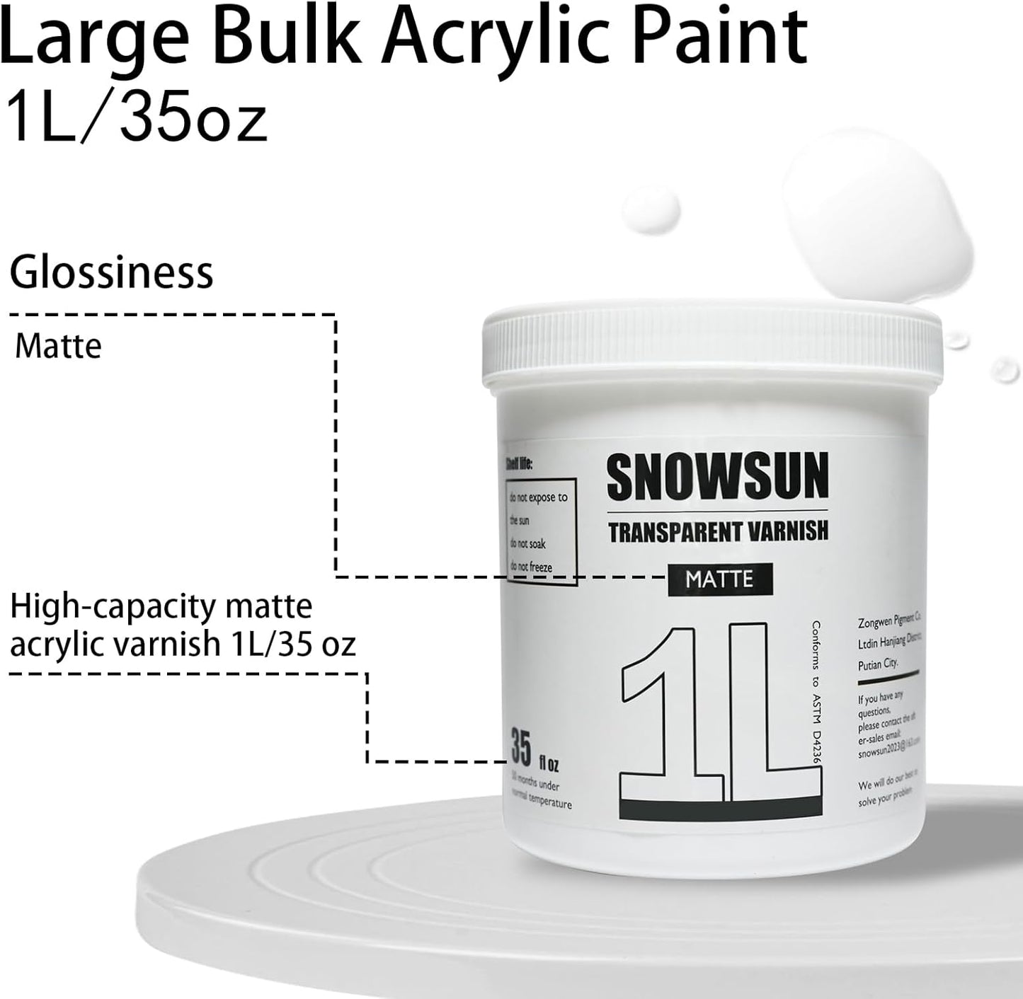 SNOWSUN Matte Varnish for Acrylic Painting, 1L Professional Acrylic Artist's Varnish, Matte Finish, Non-Yellowing, Non-Toxic, Suitable for Artists, Hobby Painters & Kids