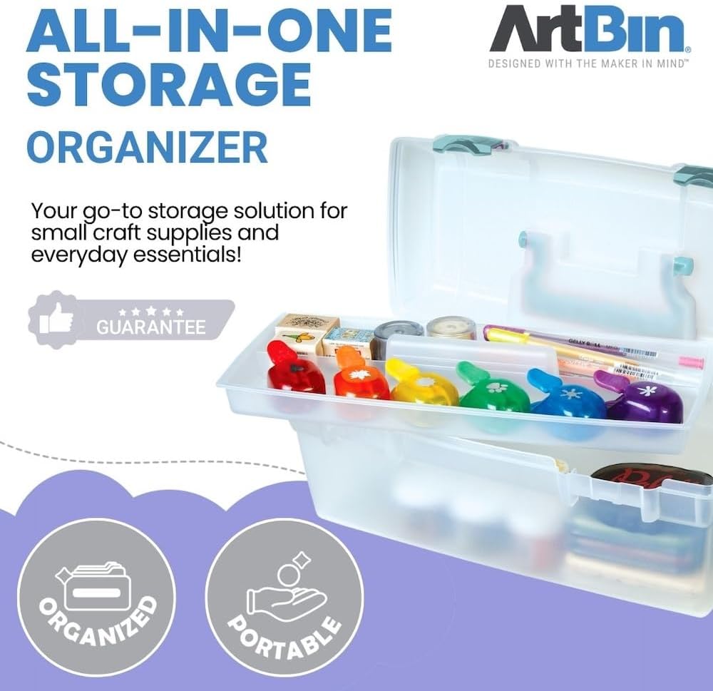 ArtBin 6937AG Essentials Lift-Out Tray Box, Portable Art & Craft Organizer with Handle and Tray, Clear/Aqua