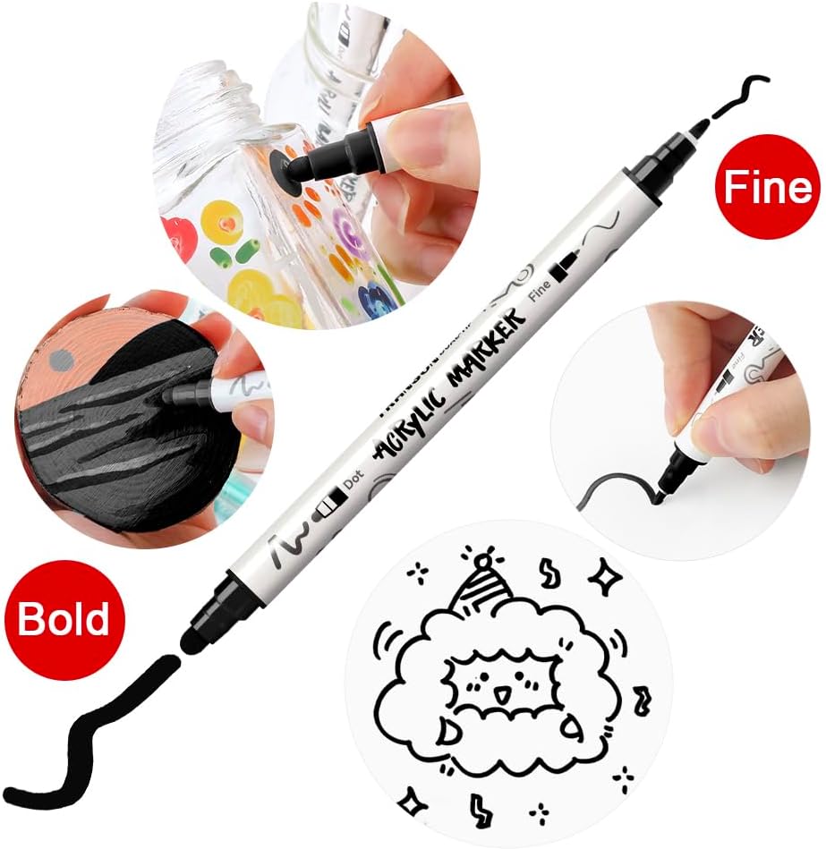 TRANSON 6 Black and 2 White Paint Markers Bold and Fine Dual-tip Acrylic Paint Marker for Rock Glass Canvas Wood Leather Ceramic DIY Painting
