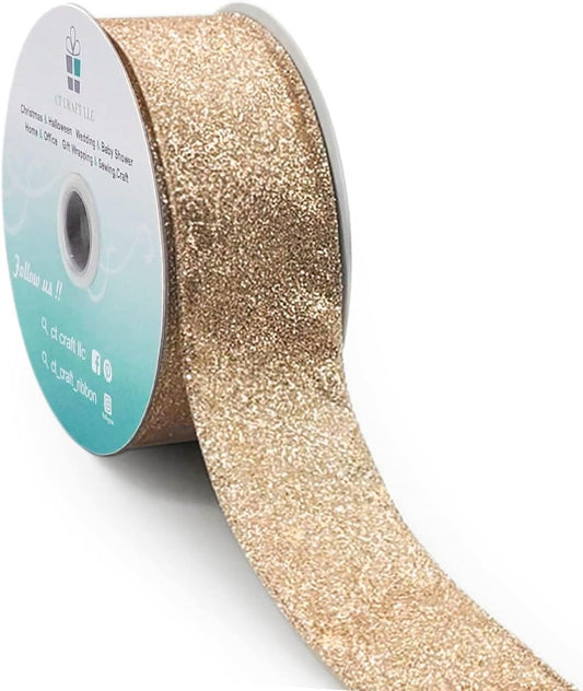 CT CRAFT LLC Glitter Wired Ribbon 1.5" x 10 Yards Gold (Champagne Gold) for Christmas Home Decor Bow Gift Wrapping DIY Crafts Wreath