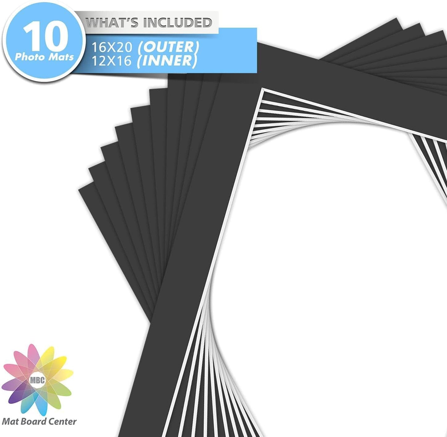 MBC Mat Board Center, Pack of 10, 16x20 for 12x16 Black Photo Picture Mats - Acid Free, 4-ply Thickness, White Core - for Pictures, Photos, Framing