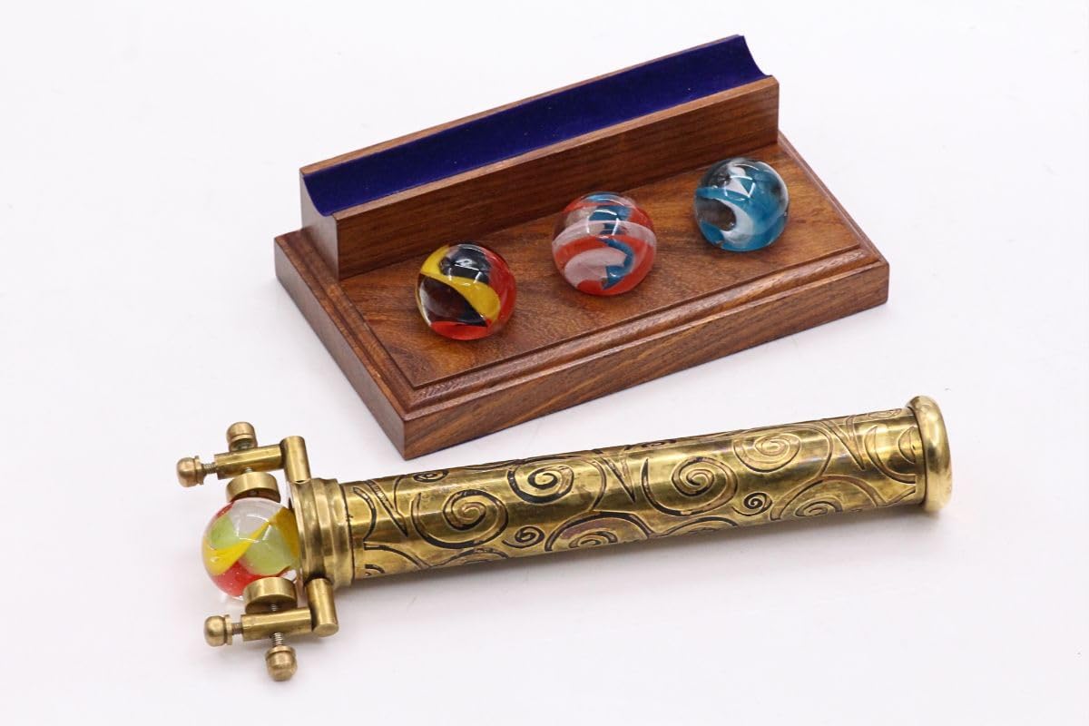 RII Marble Scope Kaleidoscope | Exquisite Etched Brass Design with Interchangeable Marbles | First Surface Mirrors for Clear Patterns | Includes Hardwood Stand | Ideal Antique Nautical Vintage Gift