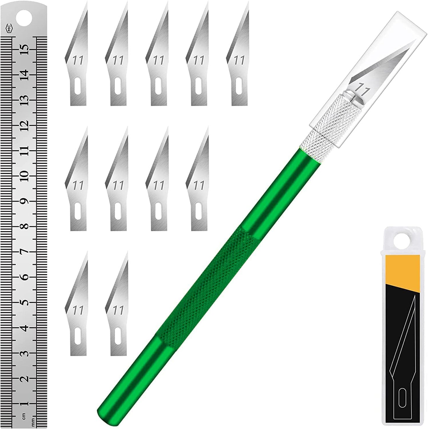 DIYSELF 1 Pcs Exacto Knife with 11 Pcs SK5 High Carbon Steel Exacto Blades Kit, Precision Craft Hobby Art Knife and 1pcs Steel 15cm Ruler for Fondant, Scrapbooking, Stencil (Green)