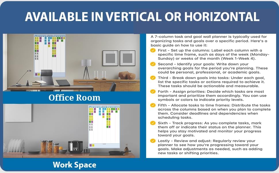 PlanetSafe Planners & Calendars Sky Blue 7-Column Task, Goals & Objective Wall Vertical Organizer 36" x 24" Complete with Marker