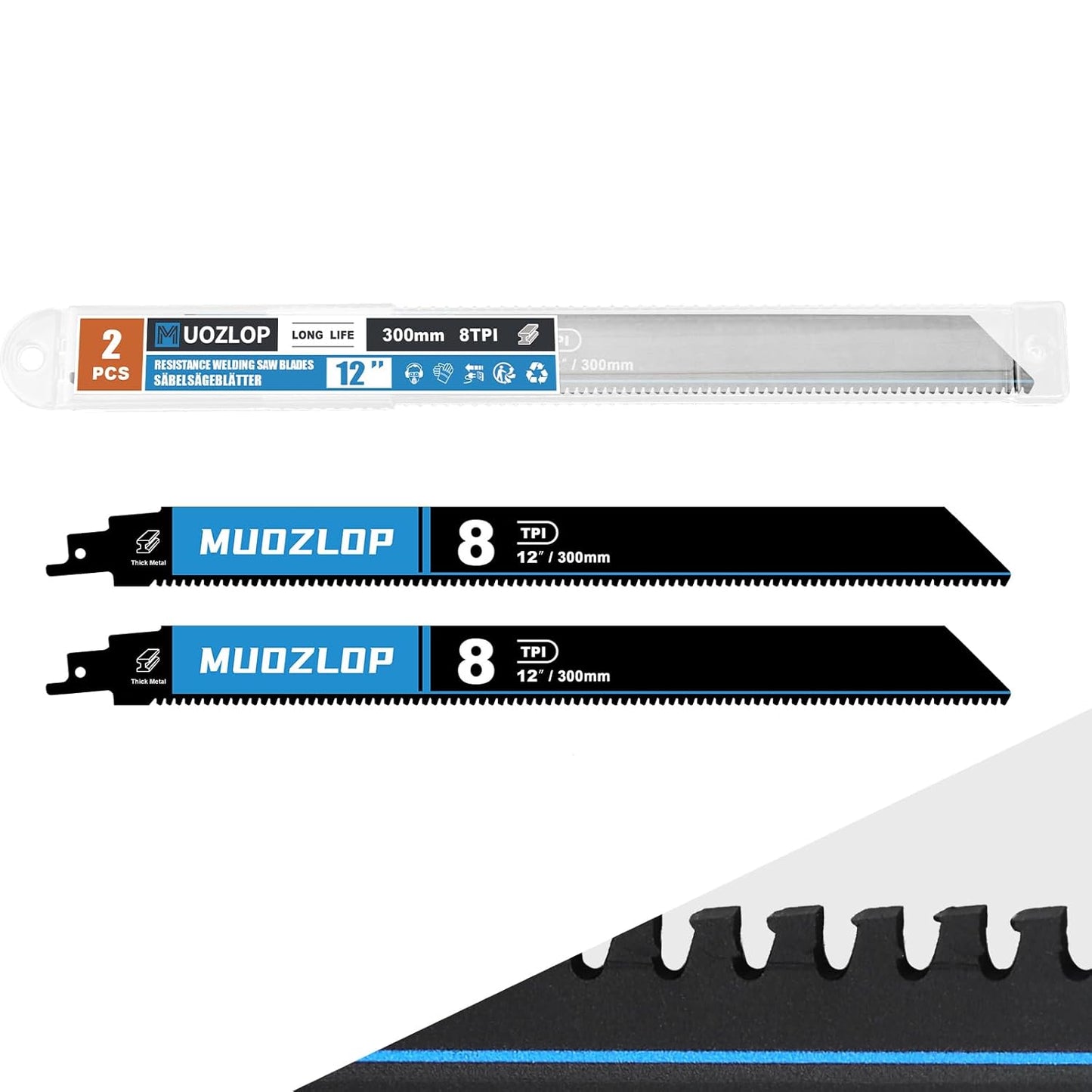 2 Pack 12 inch Reciprocating Saw Blades Set， 8 TPI High Carbon Saw Blades for Metal ，Saw Blades with Organizer Case (2, 8T/12inch)