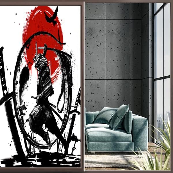 Japanese Samurai Decorative Window Film Watercolor Ink Samurai Sword Red Sun Printdining Room Window Film,Dorm Room Glass Film 35.4Wx78.7L-Inch X1Pcs